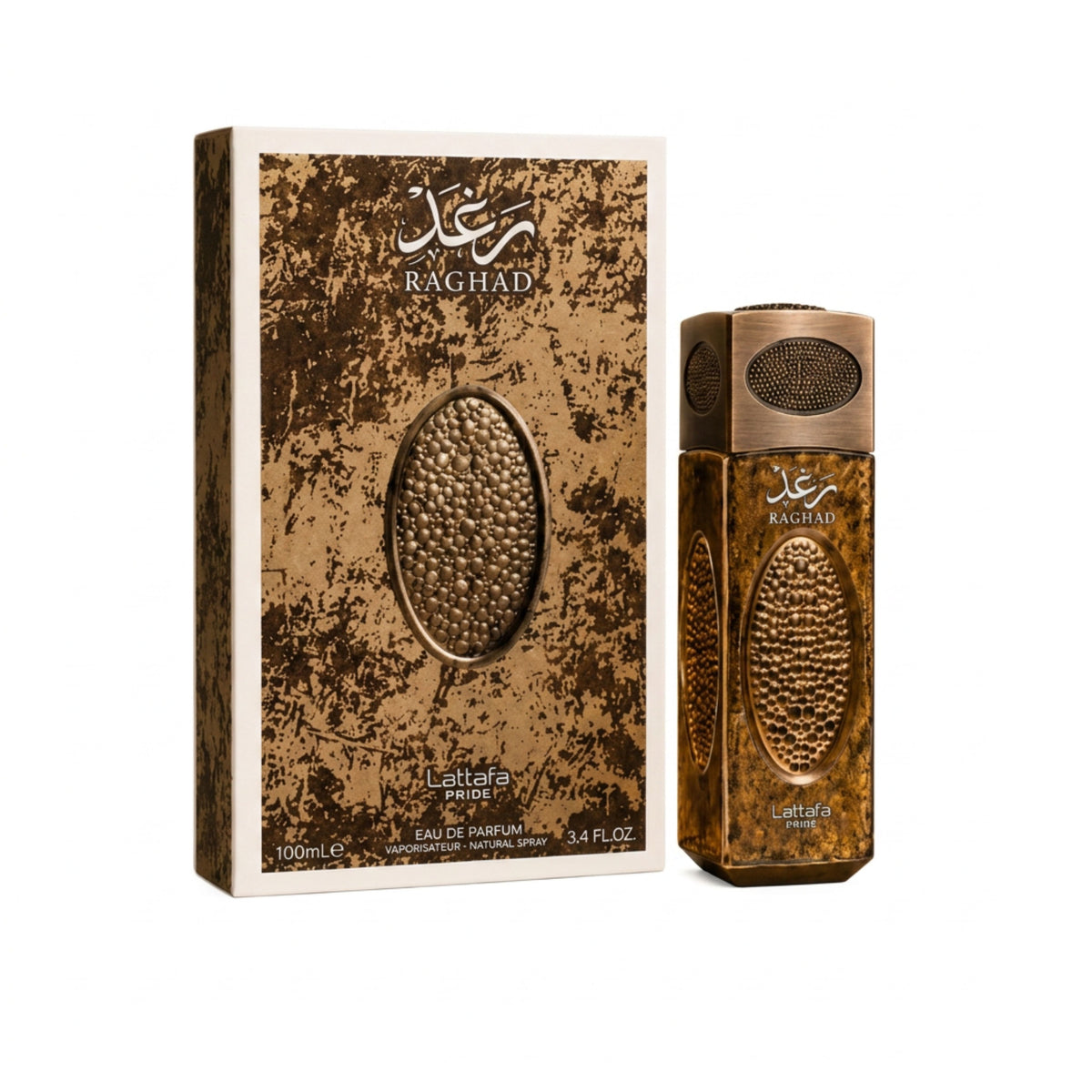 Raghad Eau de Parfum shown with its retail box and the perfume bottle