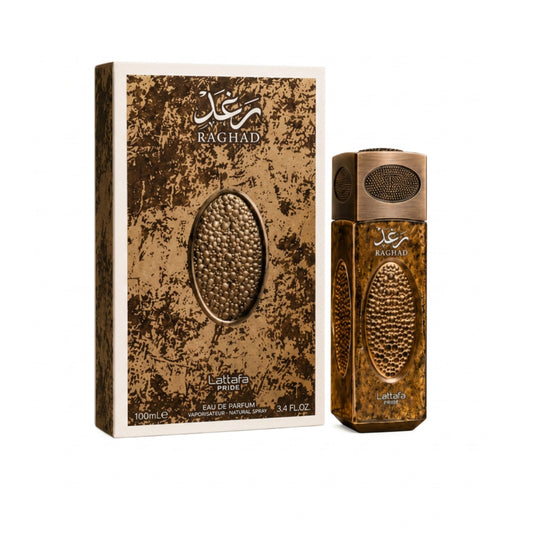 Raghad Eau de Parfum shown with its retail box and the perfume bottle