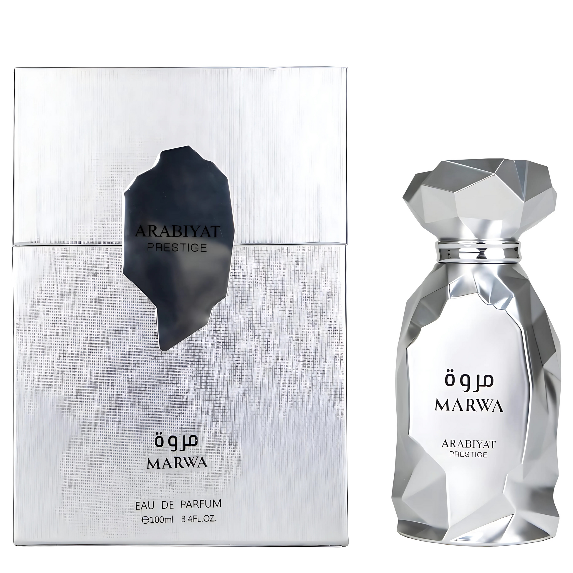 Marwa Perfume 100ml EDP Arabiyat Prestige long lasting Citrus Aromatic luxurious silver and metallic grey color palette