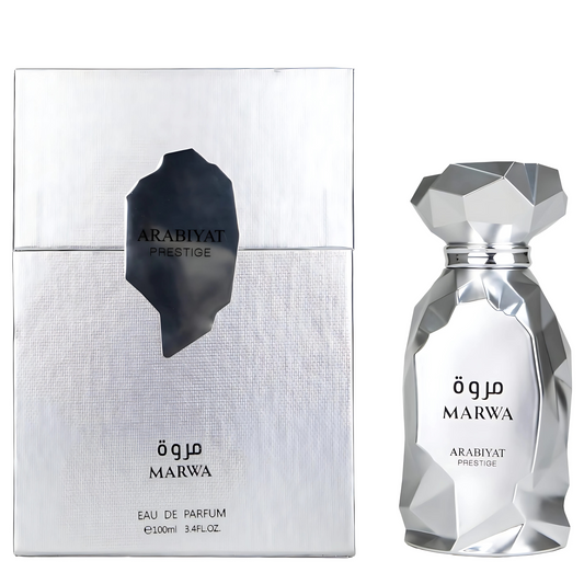 Marwa Perfume 100ml EDP Arabiyat Prestige long lasting Citrus Aromatic luxurious silver and metallic grey color palette