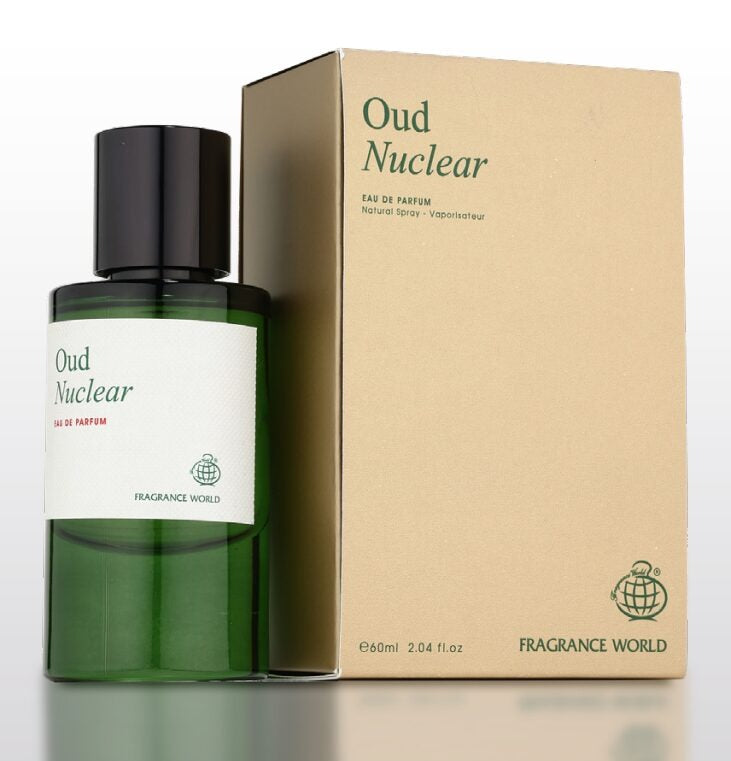 Oud Nuclear Perfume 60ml EDP Fragrance World unique oriental woody unisex scent Green glass perfume bottle with black cap labeled
