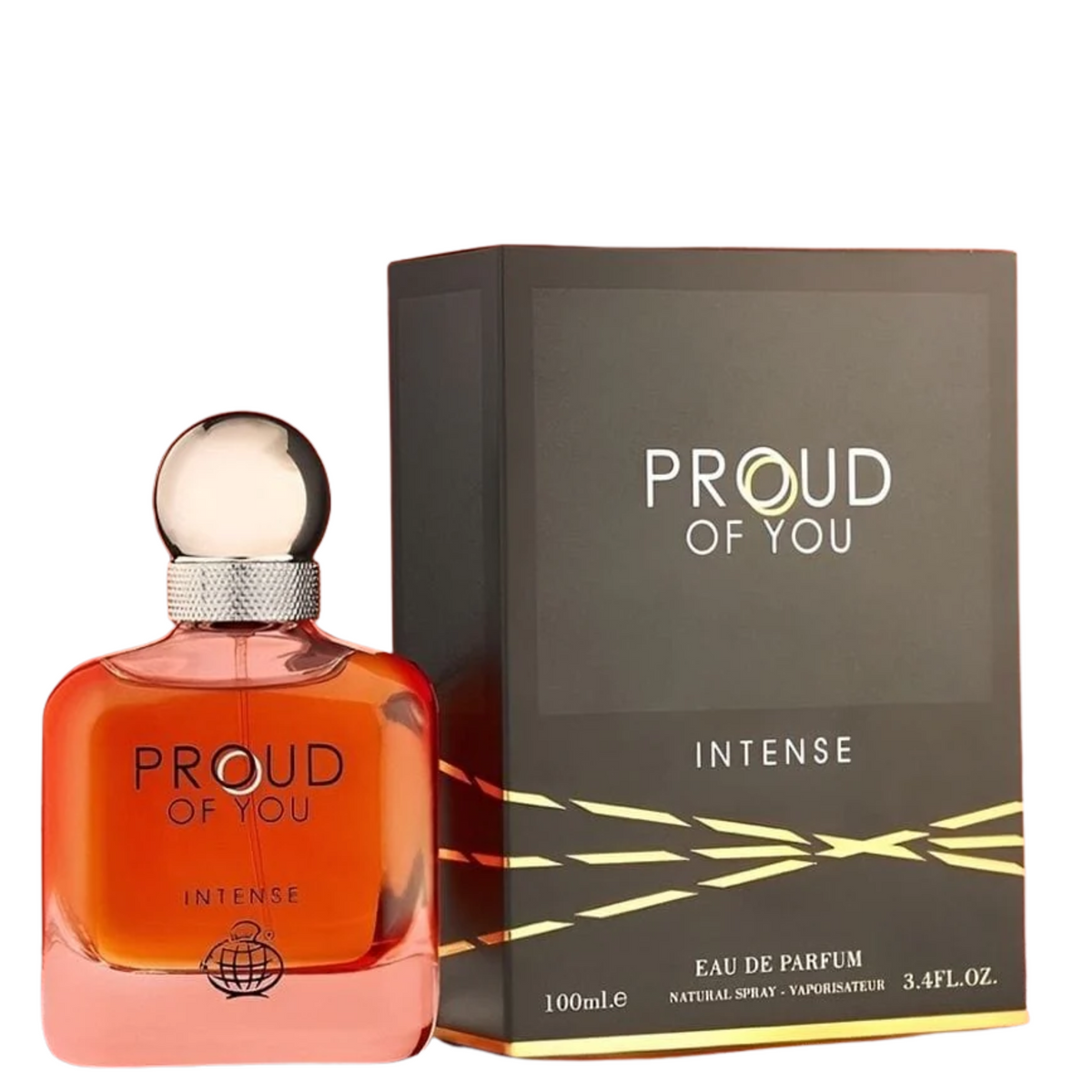 Proud Of you Intense perfume bottle with packaging on a black background