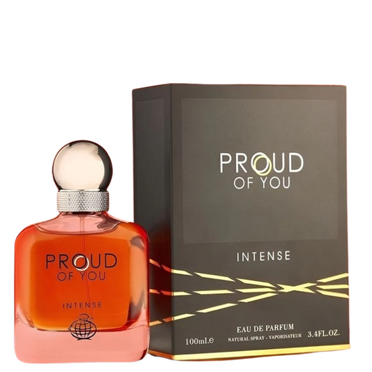 Proud Of you Intense perfume bottle with packaging on a black background