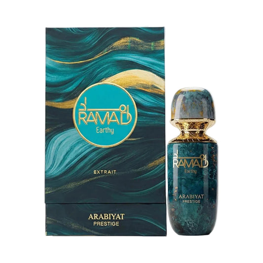 Ramad Earthy Arabiyat Prestige perfume 100ml bottle and packaging on a white background