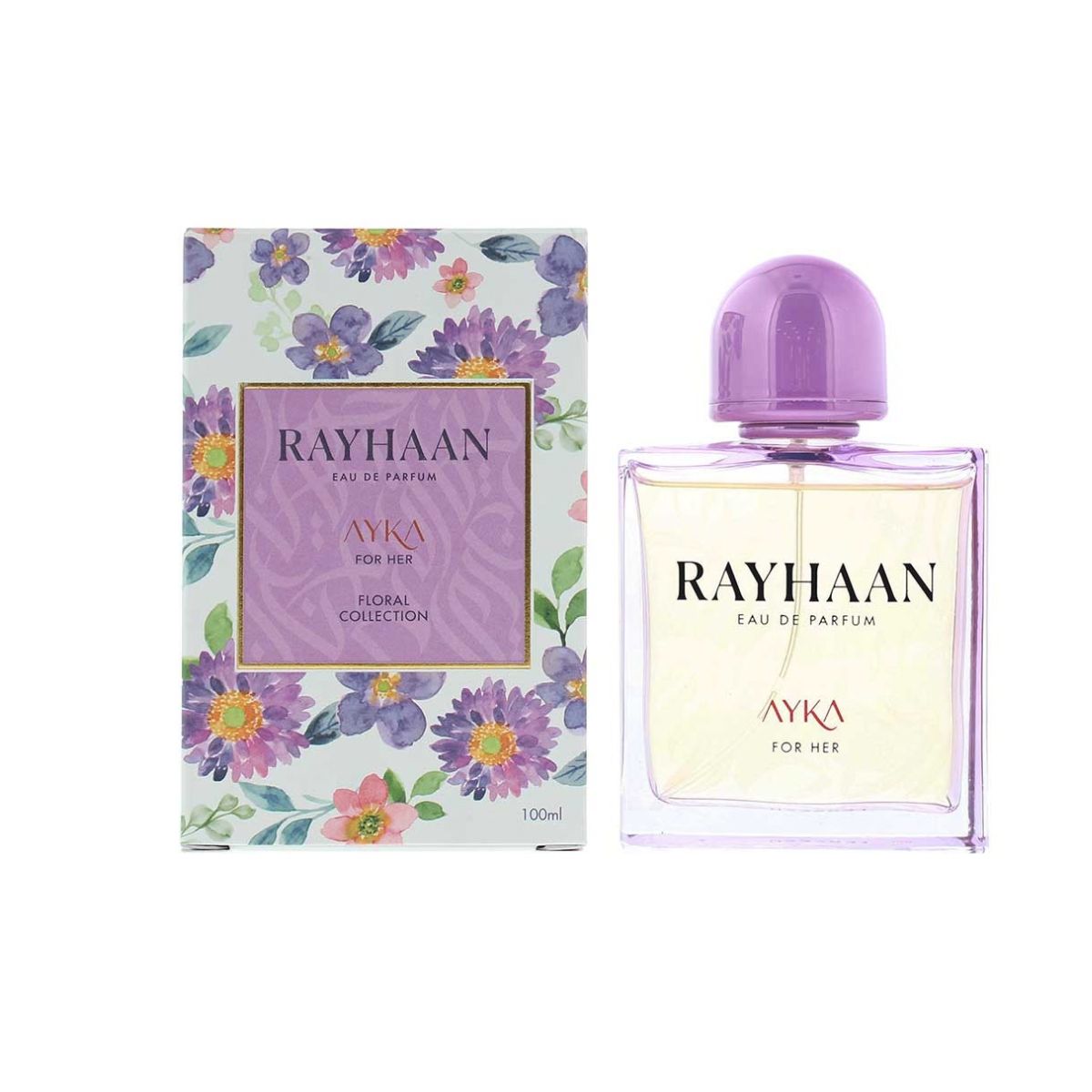 Rayhaan Ayka For Her Eau De Parfum 100ml bottle with its floral-patterned packaging box, set against a plain white background.