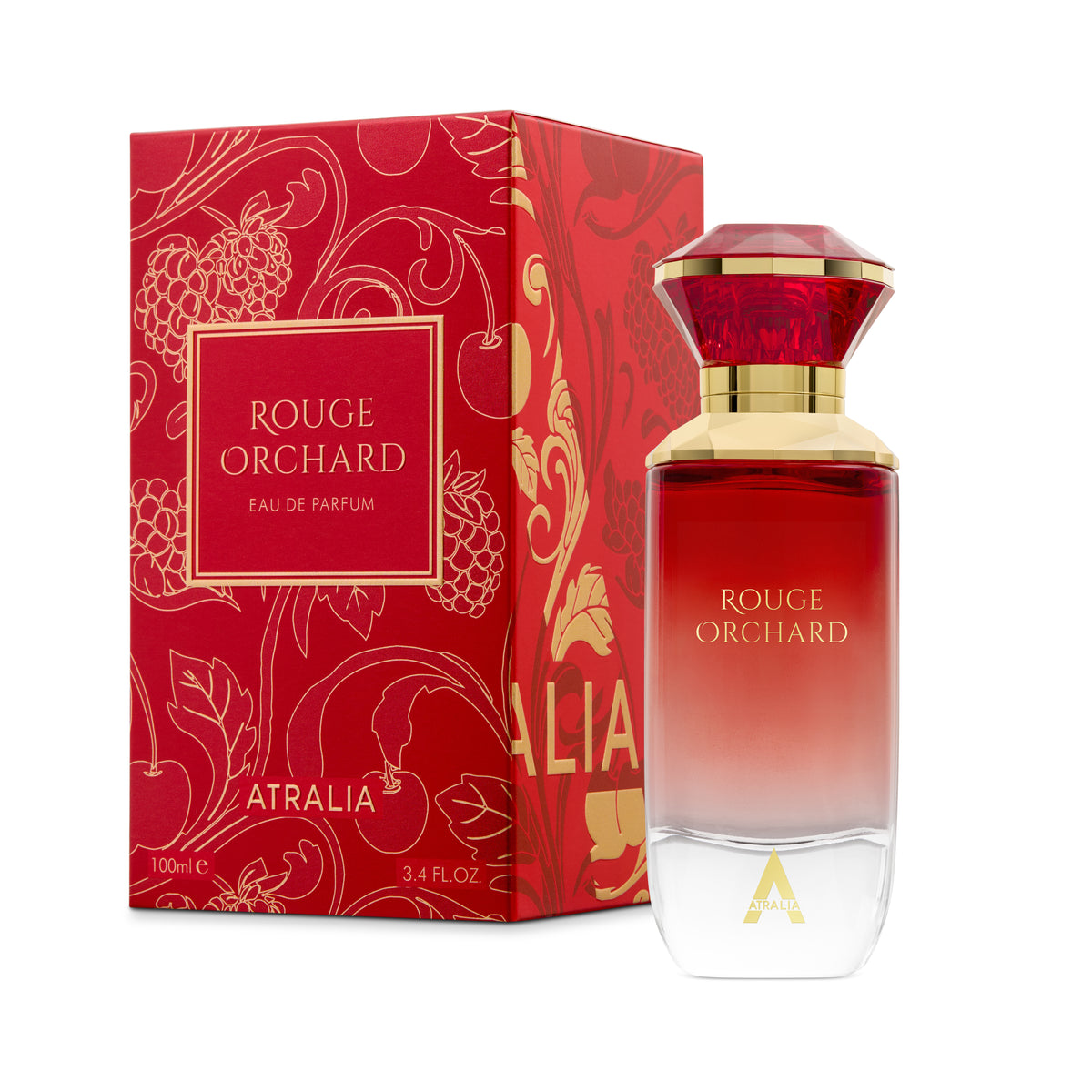 Rouge Orchard Perfume 100ml EDP Atralia with red gradient bottle and floral red box packaging