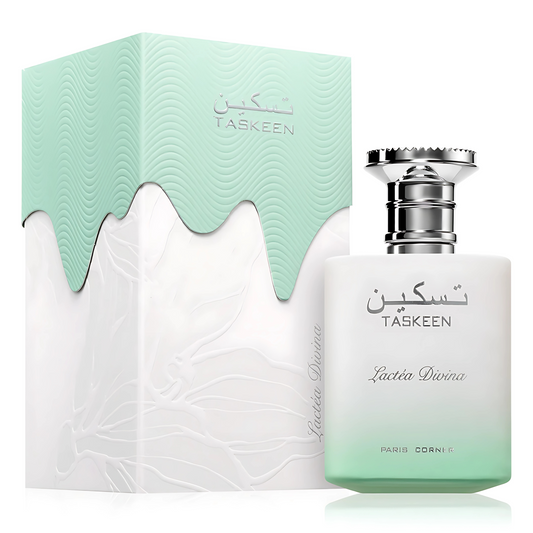 Taskeen Lactea Divina 100ml EDP Paris Corner gourmand floral fragrance perfume bottle with white and green packaging