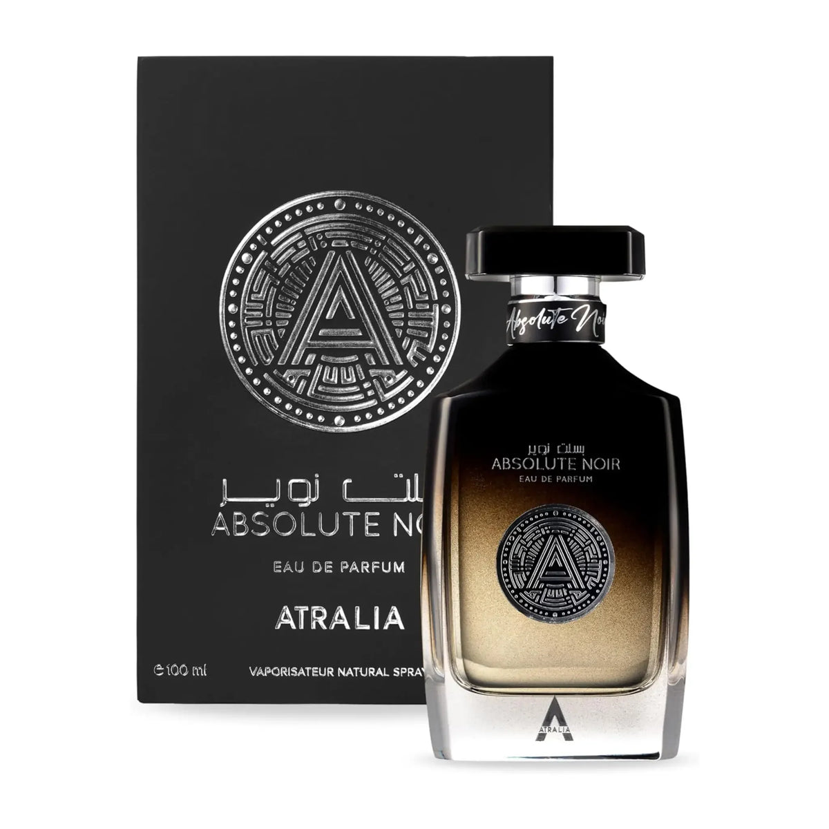 Atralia Absolute Noir perfume bottle and packaging on a white background