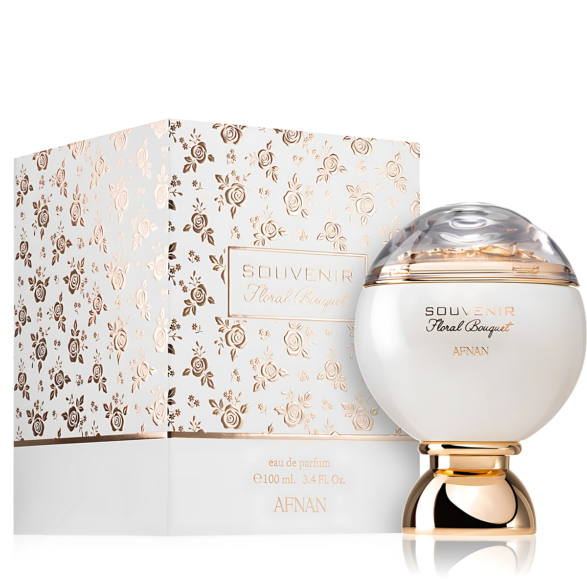 Afnan Souvenir Floral Bouquet perfume bottle and packaging on a white background