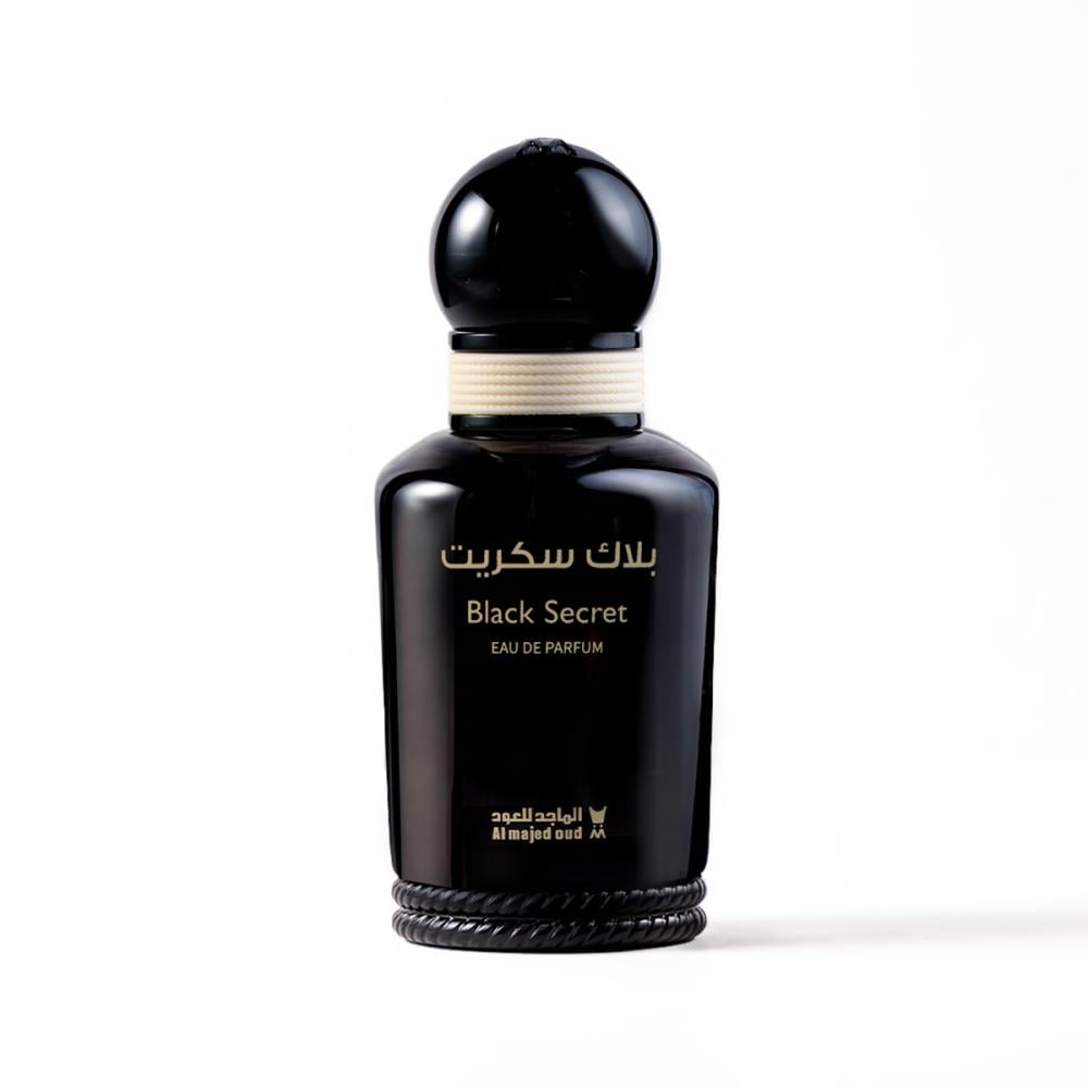 Al Majed Oud Black Secret unisex fragrance black glossy bottle with spherical cap and braided base at Beevora UK