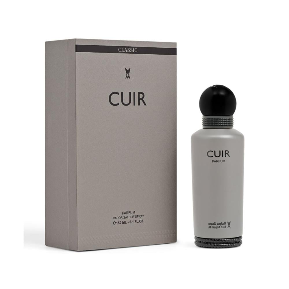 Al Majed Oud Cuir Classic 150ml 5.1 fl oz Parfum spray bottle beside textured grey Classic packaging box at Beevora UK