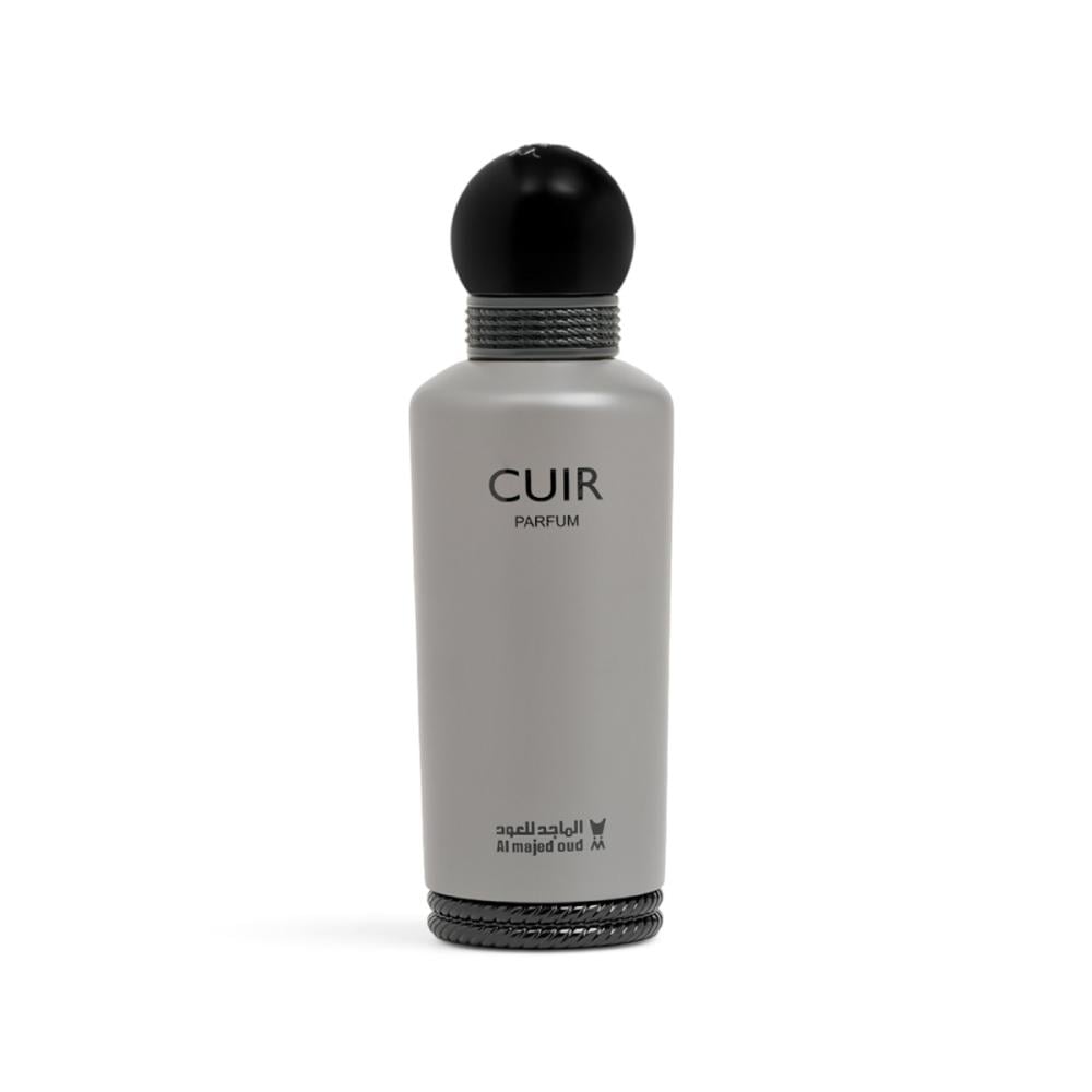 Al Majed Oud Cuir Classic 150ml unisex perfume matte grey cylindrical bottle with braided black base and round cap at Beevora UK