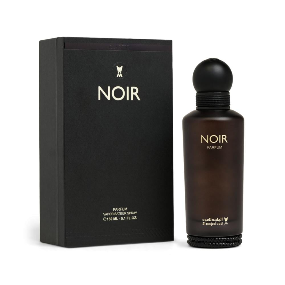Al Majed Oud Noir From Classic Collection 150ml 5.1 fl oz Parfum spray bottle beside dark Classic packaging box at Beevora UK
