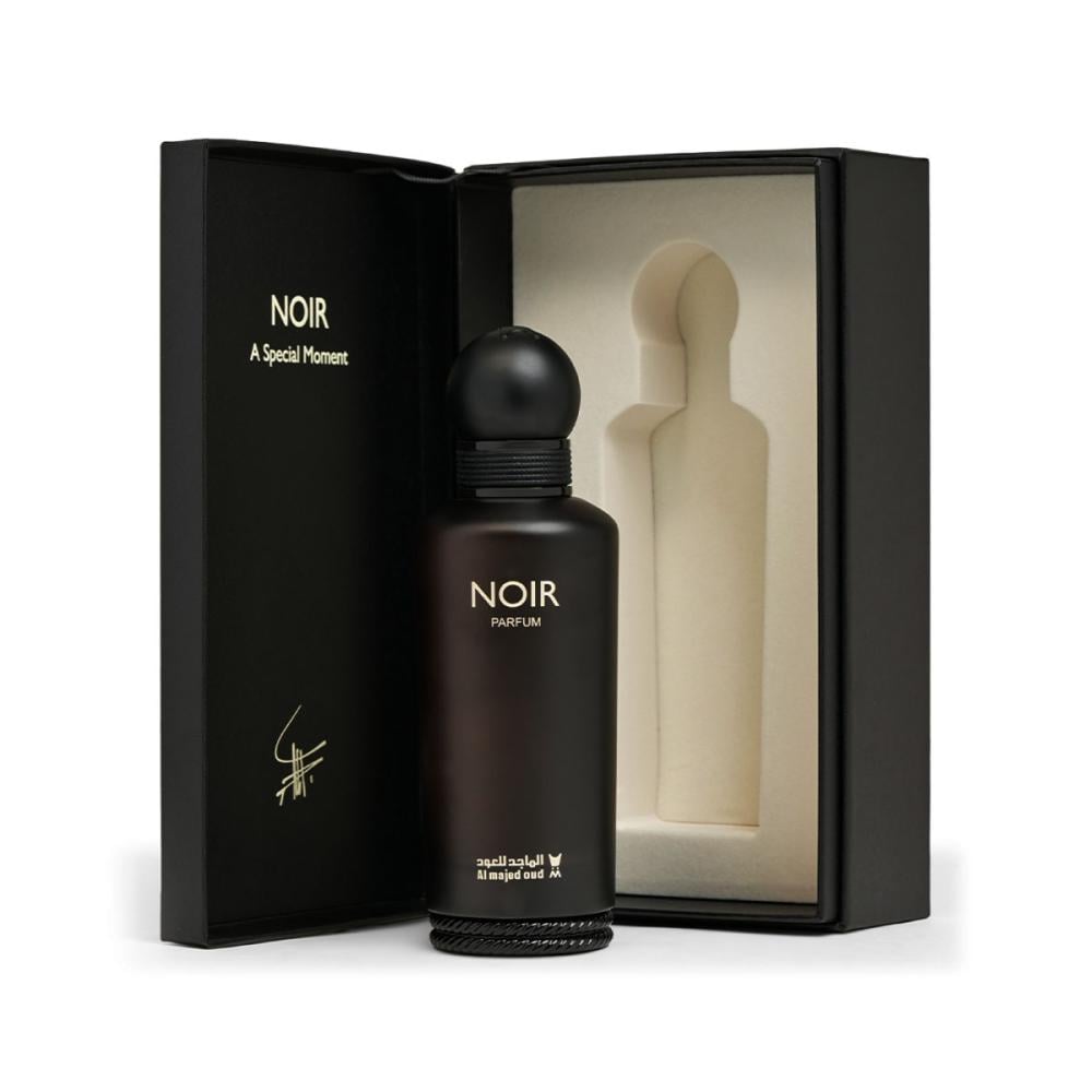 Authentic Al Majed Oud Noir From Classic Collection 150ml Parfum dark bottle in front of open luxury presentation box with 'A Special Moment' quote at Beevora UK