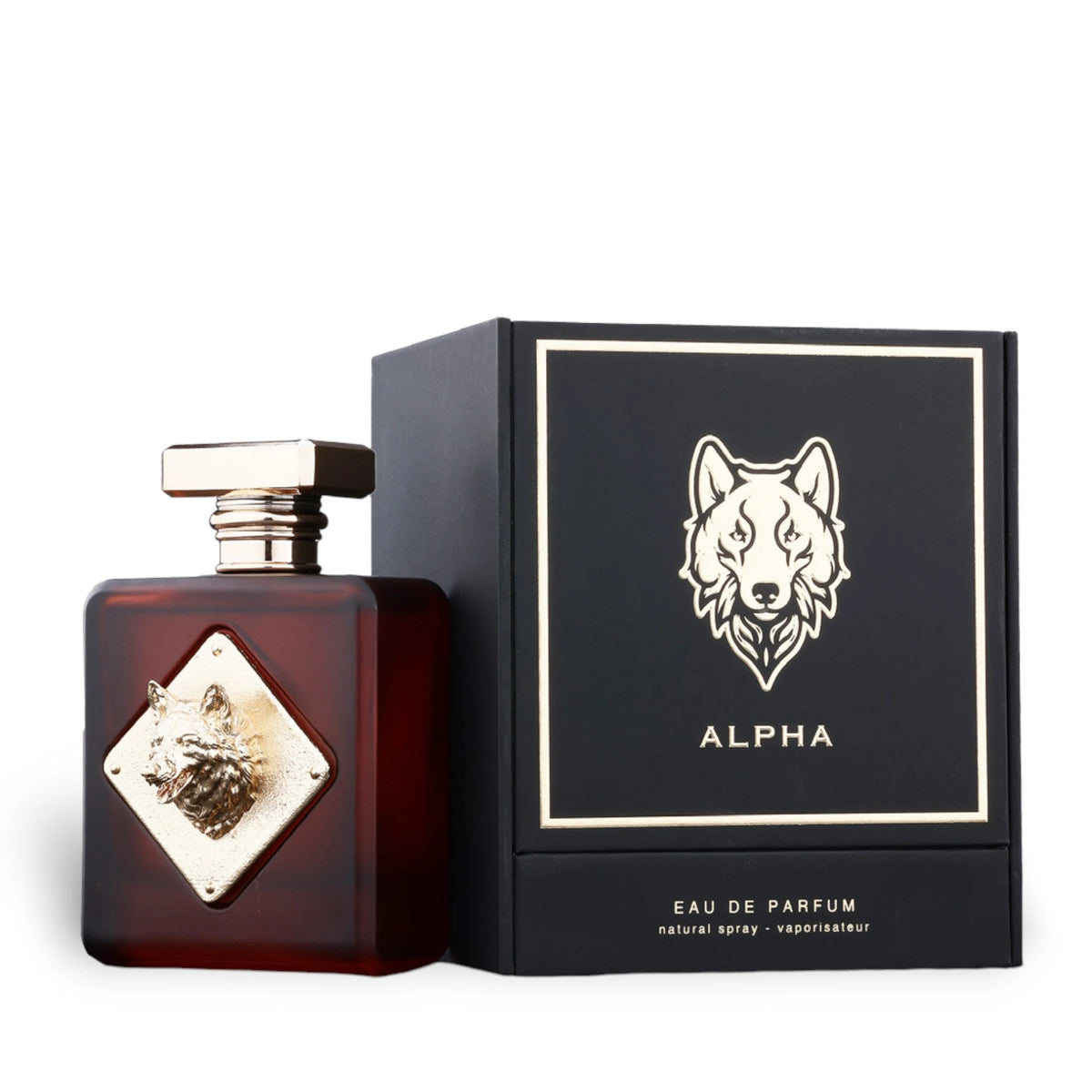 Alpha perfume bottle and packaging with wolf design on a white background