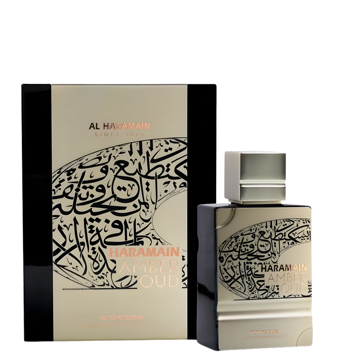 Amber Oud Future Dubai 100ml Extrait De Parfum by Al Haramain, featuring a sleek silver and black bottle with Arabic calligraphy detailing and a square metallic cap