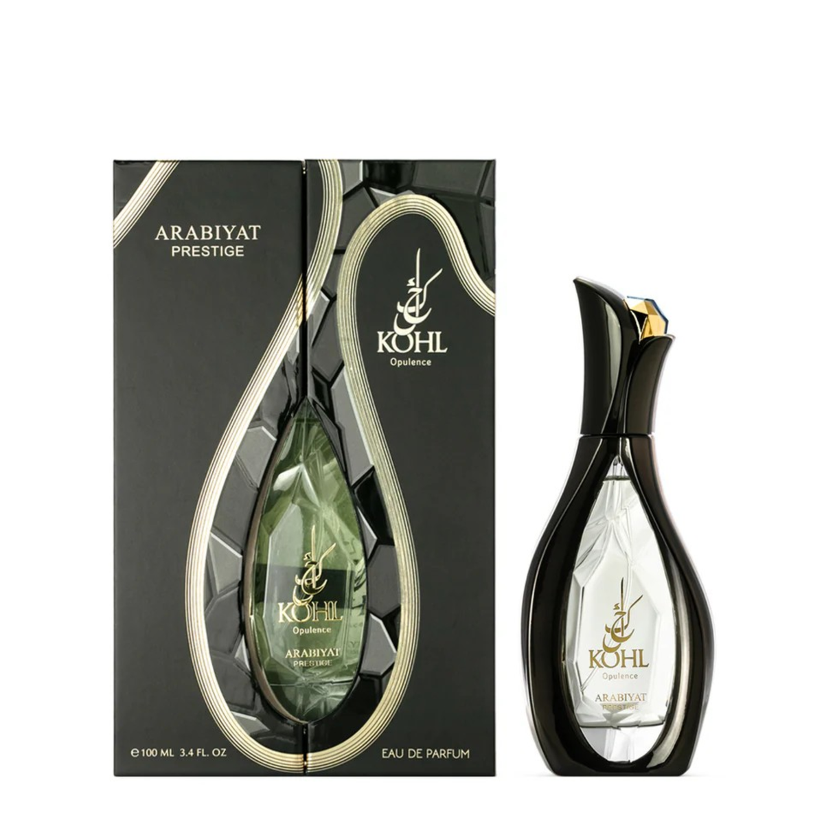 Kohl Arabiyat Prestige perfume bottle and packaging on a white background