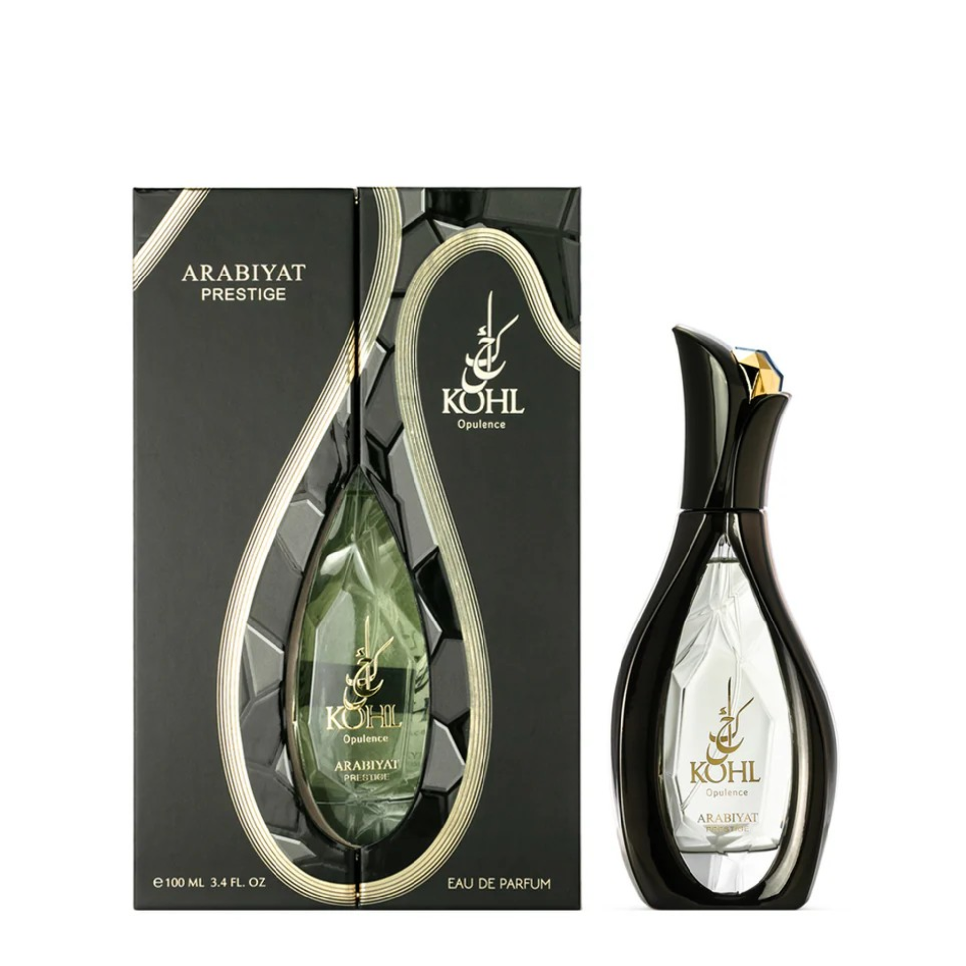 Kohl Arabiyat Prestige perfume bottle and packaging on a white background