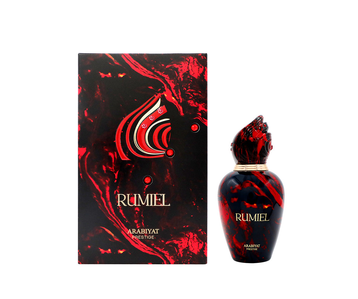 Rumiel perfume bottle and packaging with red and black design on a white background