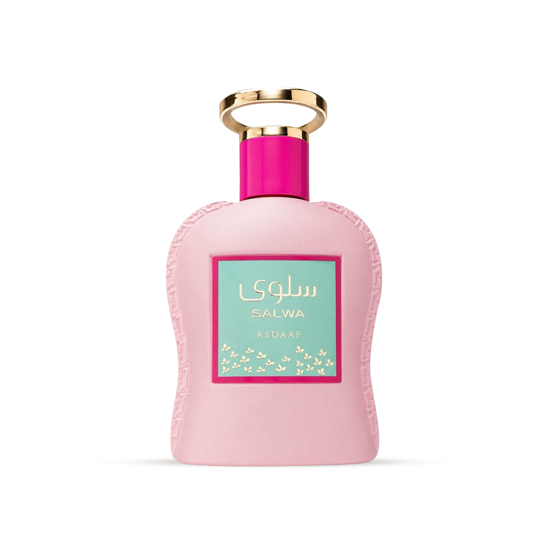 A pink bottle of ASDAAF SALWA perfume with a gold ring cap and a light green label, shown on a clean white background.