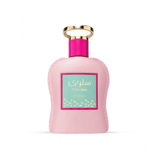 A pink bottle of ASDAAF SALWA perfume with a gold ring cap and a light green label, shown on a clean white background.