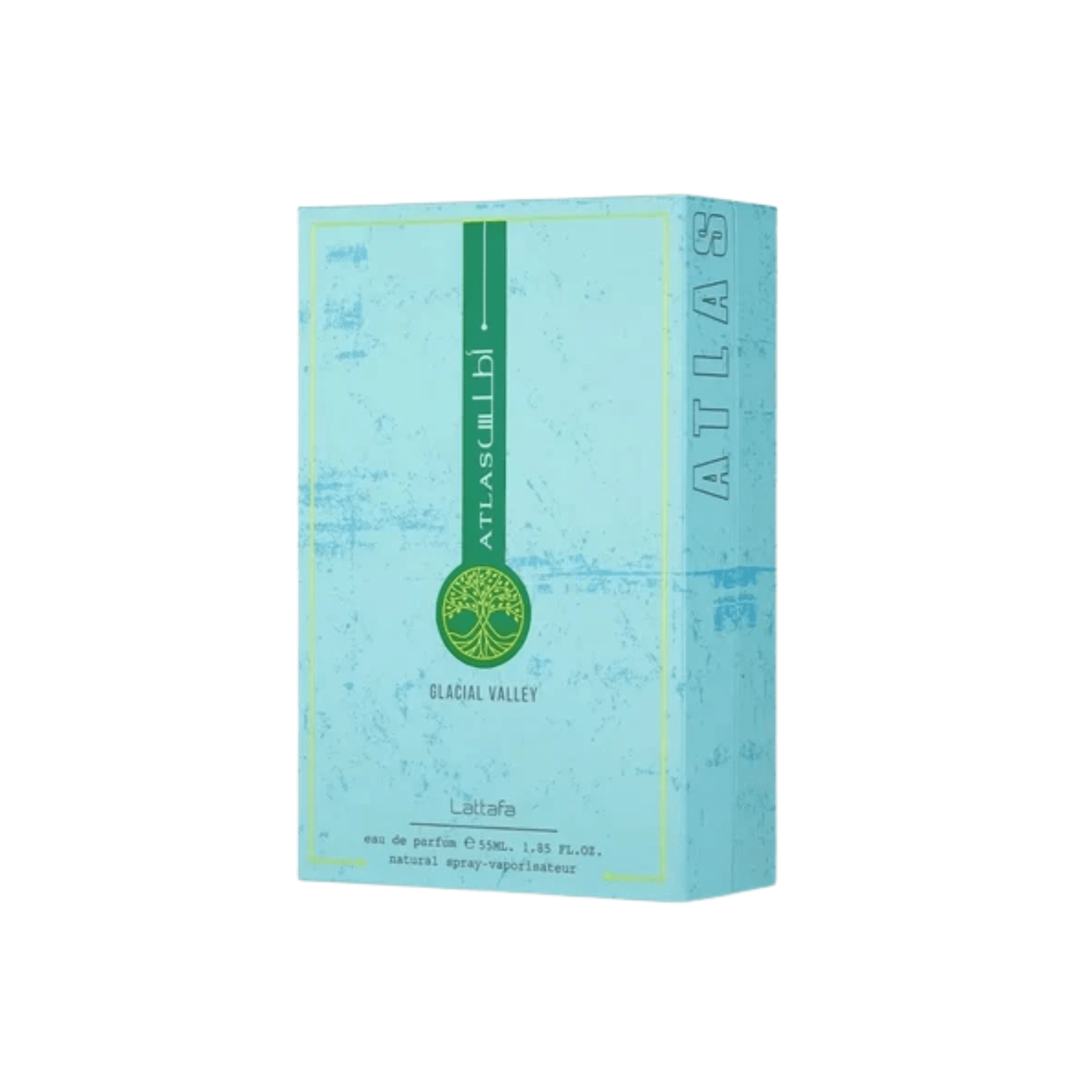 A rectangular product box for Atlas Blaclay Valley Lattafa, featuring a light blue textured design with green accents and vertical branding.