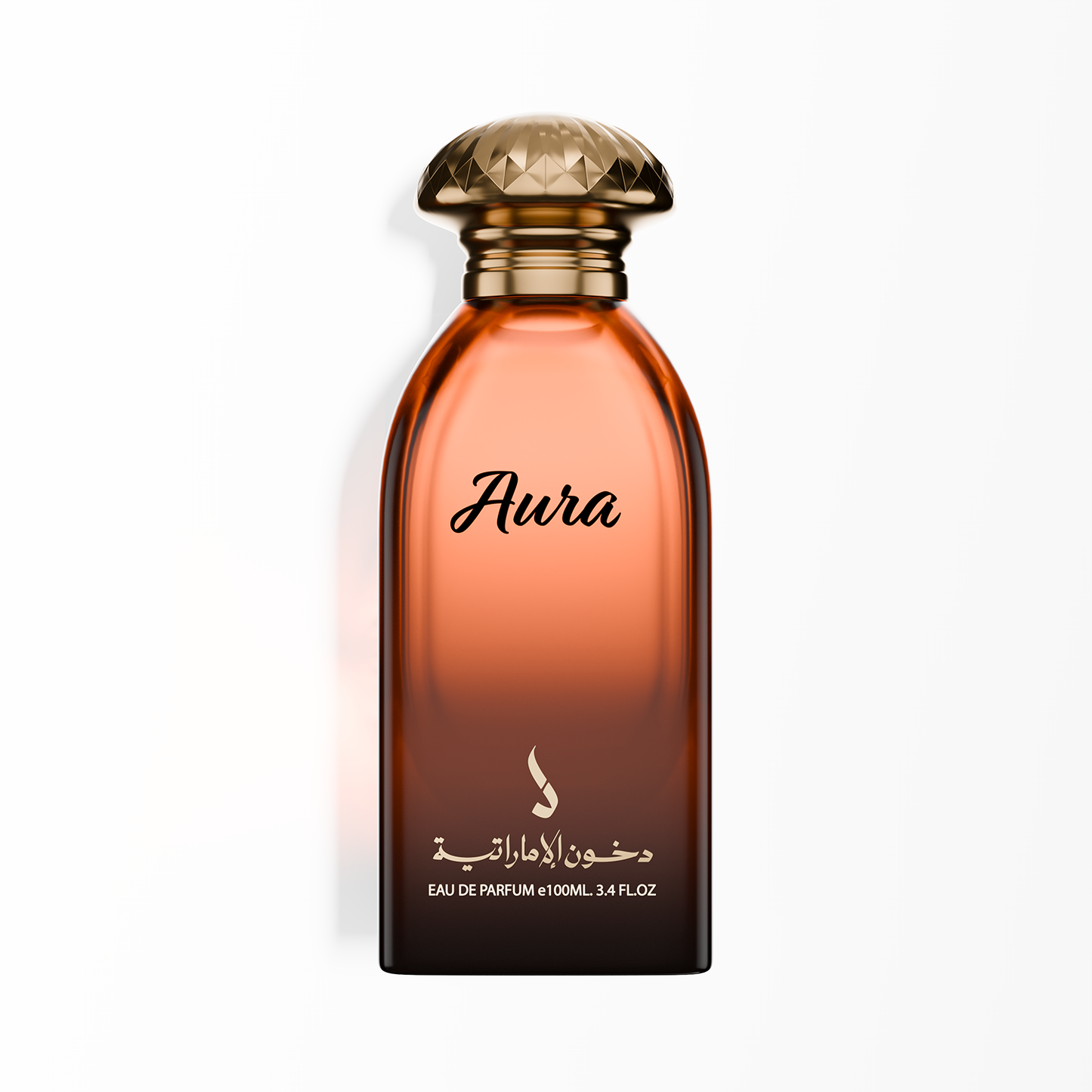 Aura Perfume bottle with a gold cap on a white background