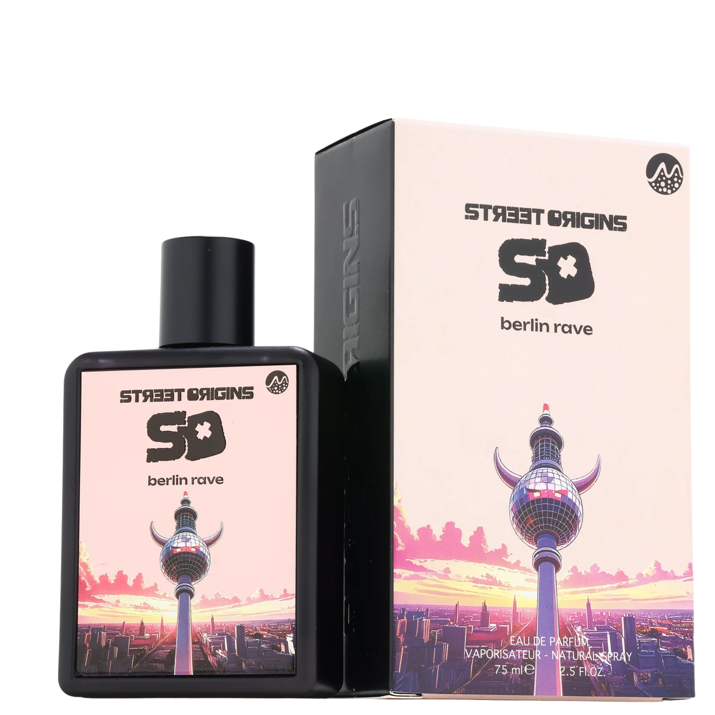 Berlin Rave 75ml EDP by Street Origins  black perfume bottle with Berlin skyline design and matching box