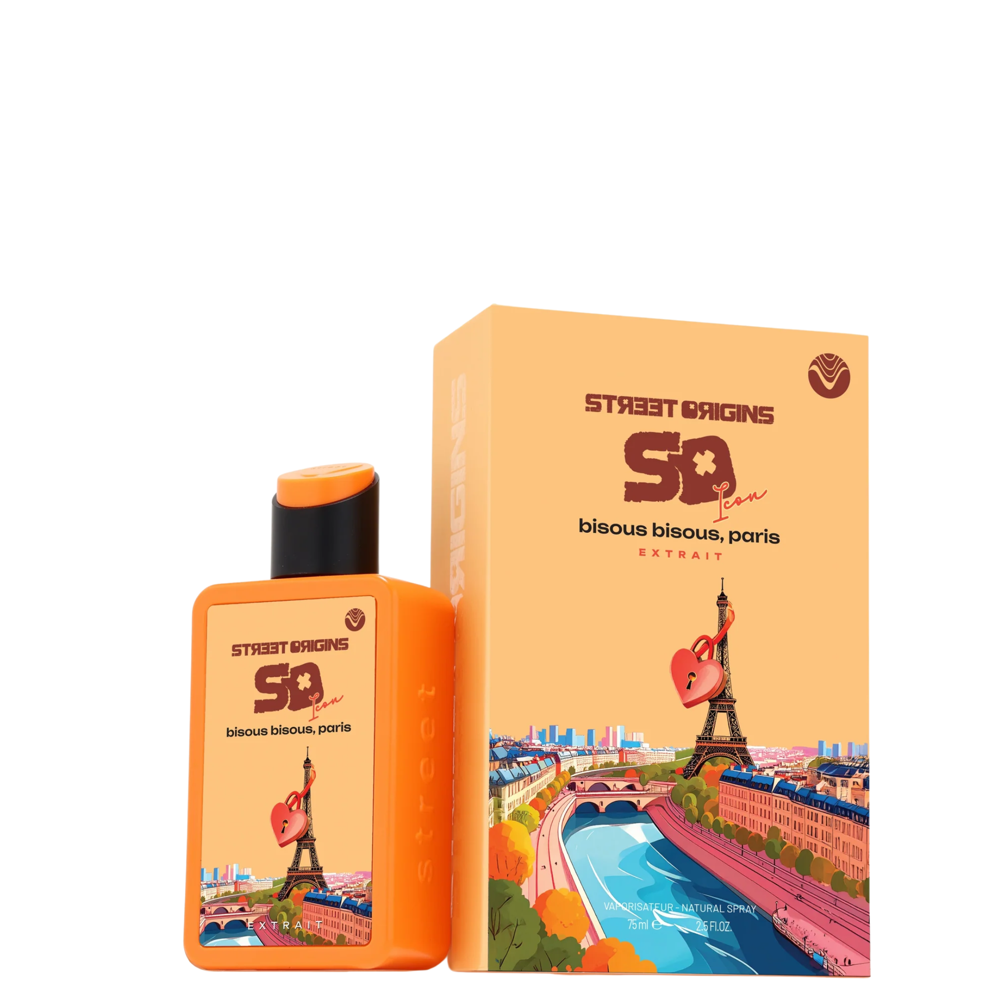 Bisous Bisous Paris 75ml EDP by Street Origins orange perfume bottle with Eiffel Tower design and matching box