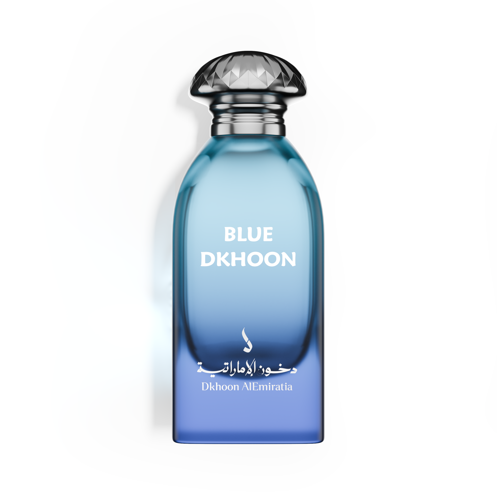 Blue Dkhoon perfume bottle with a faceted silver cap, featuring a blue gradient design and white text on a white background.