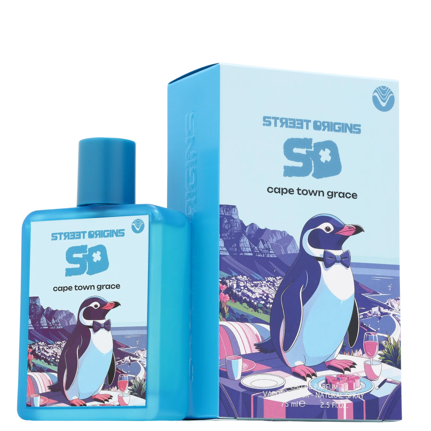 Cape Town Grace Perfume 75ml EDP by Street Origins (Fragrance World), featuring a bright blue bottle with a matching cap