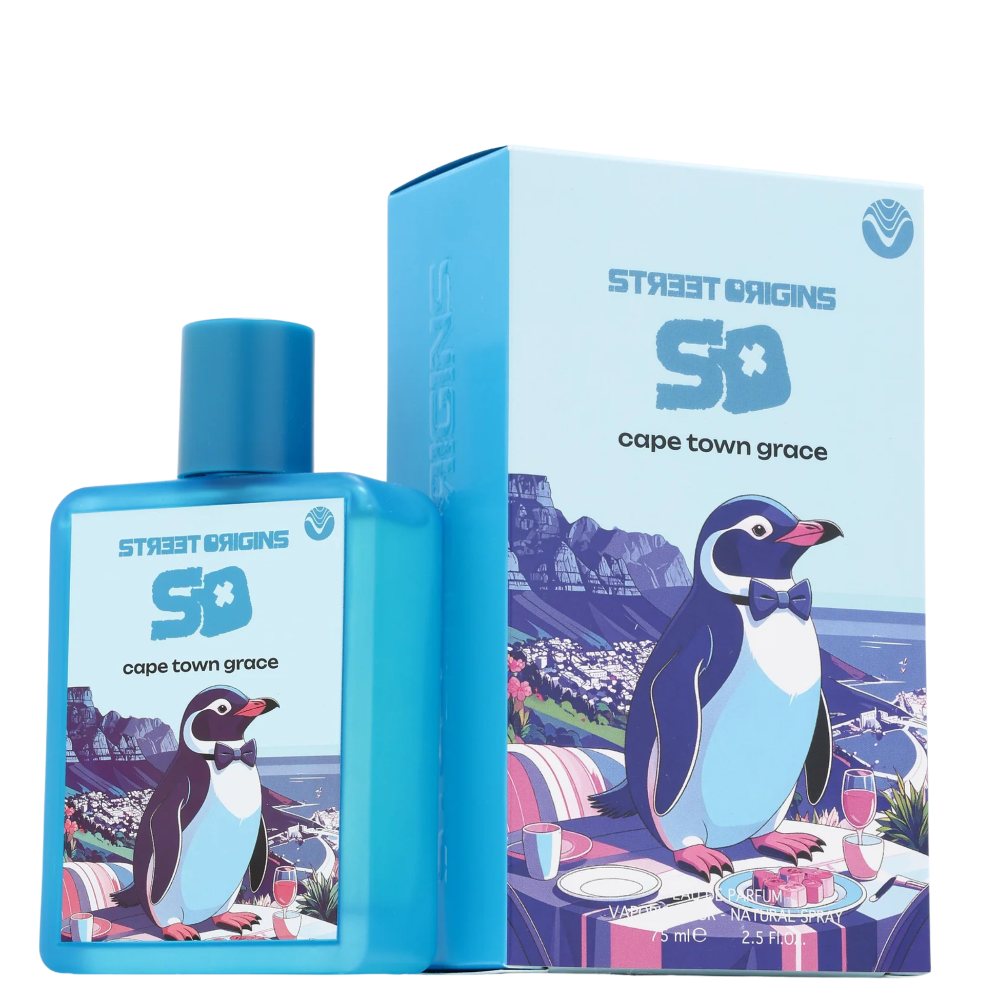Cape Town Grace Perfume 75ml EDP by Street Origins (Fragrance World), featuring a bright blue bottle with a matching cap