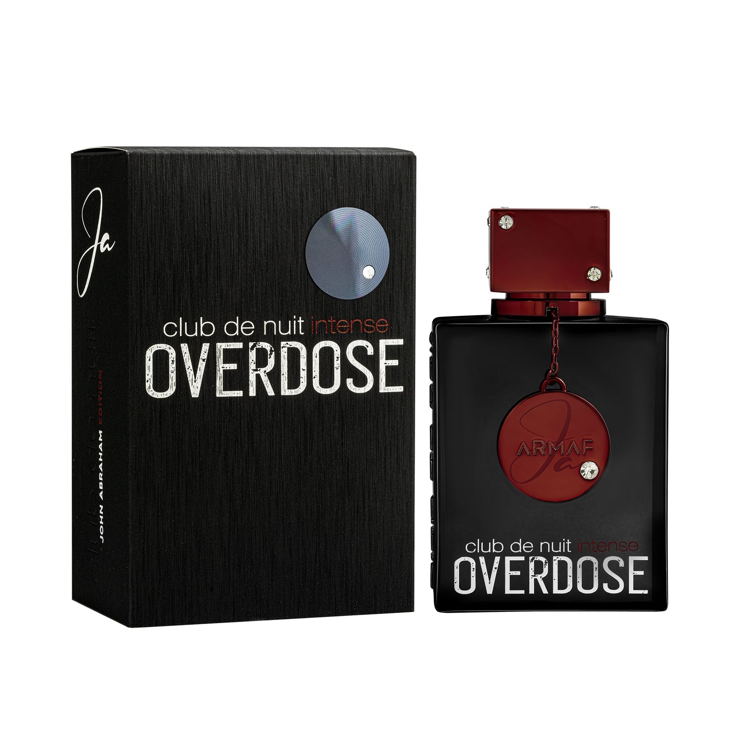Club de Nuit Intense Overdose perfume shown with its black textured box and the rectangular bottle. The bottle has a black body, a metallic red cap, and a red circular medallion with the brand name 'Armaf.