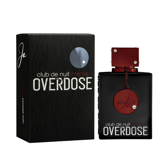 Club de Nuit Intense Overdose perfume shown with its black textured box and the rectangular bottle. The bottle has a black body, a metallic red cap, and a red circular medallion with the brand name 'Armaf.