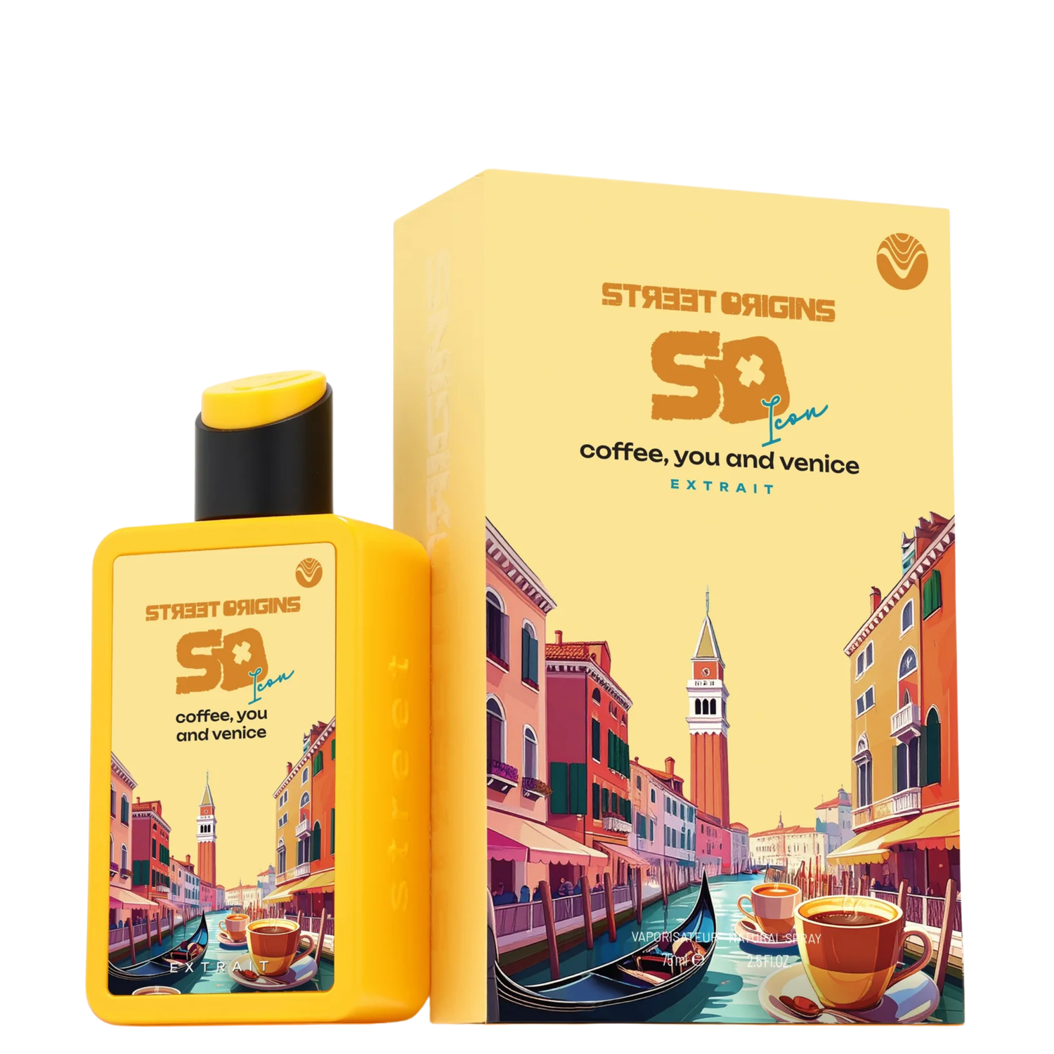 Coffee, You and Venice 75ml Extrait de Parfum by Street Origins (Fragrance World), featuring a bright yellow bottle with a black and yellow cap