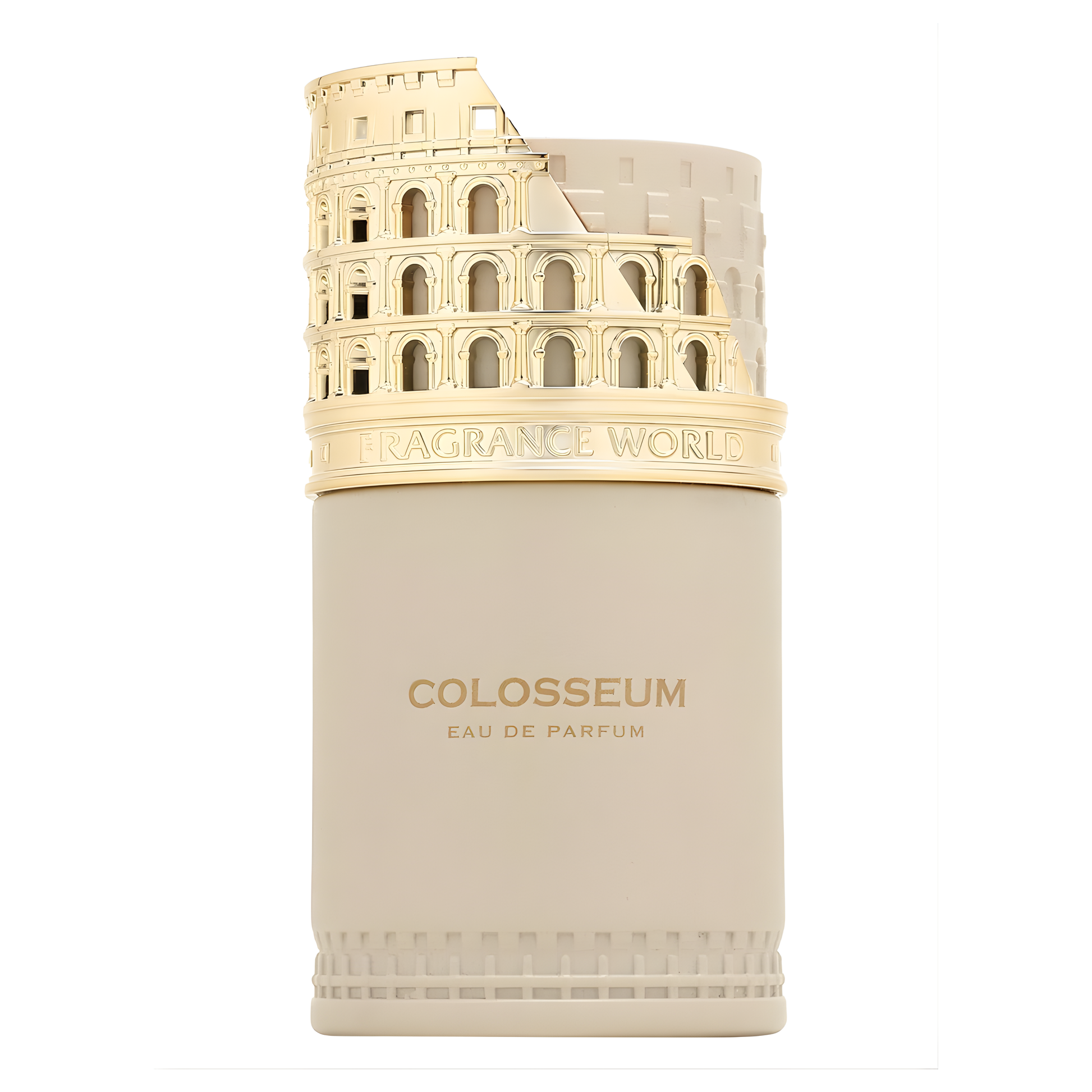 Colosseum Eau de Parfum by Fragrance World beige bottle with gold Roman Colosseum cap