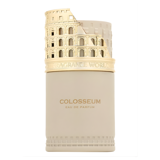 Colosseum Eau de Parfum by Fragrance World beige bottle with gold Roman Colosseum cap