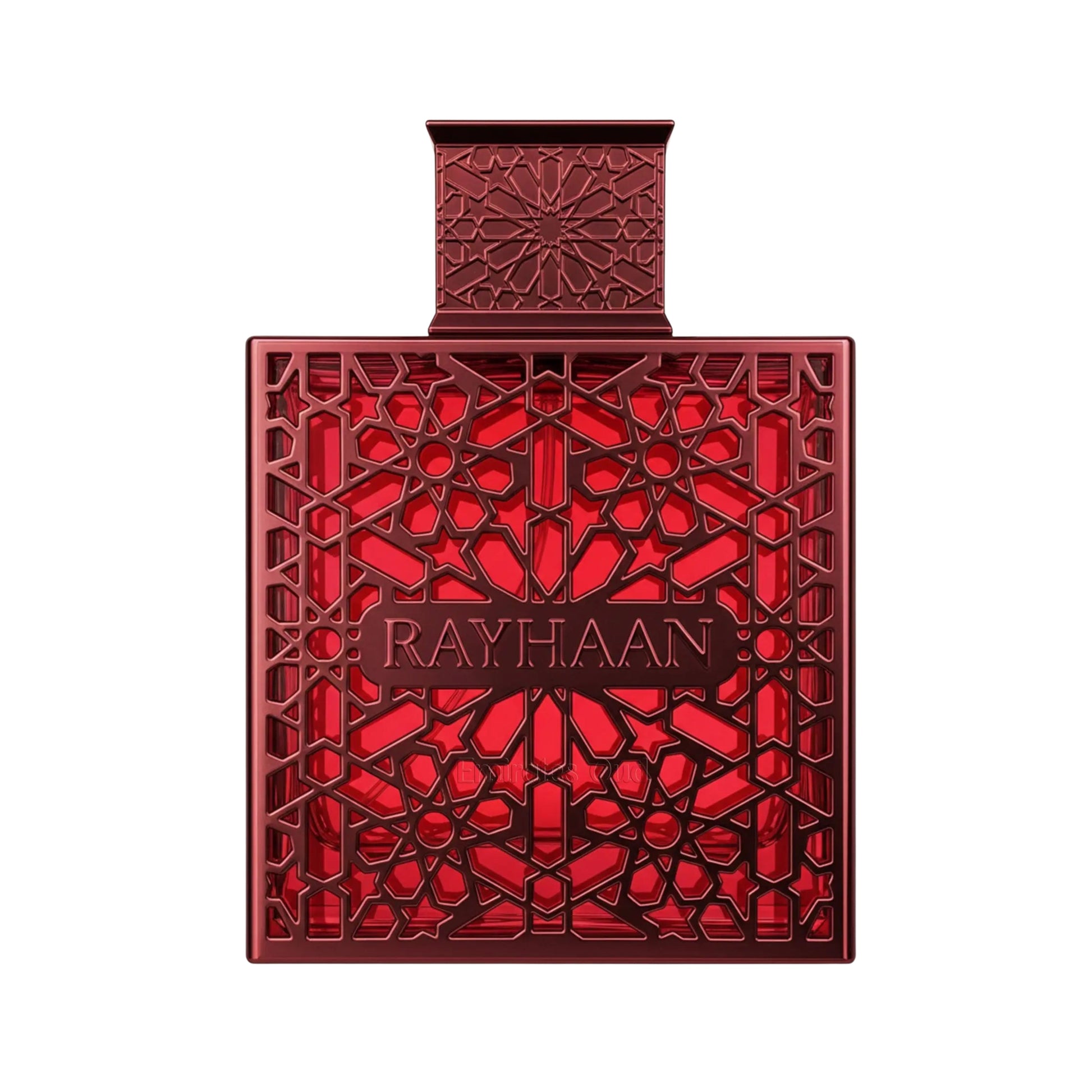 Rayhaan fragrance bottle in a deep red color with intricate geometric cutout patterns and the brand name 'RAYHAAN' embossed on the front, set against a plain white background.