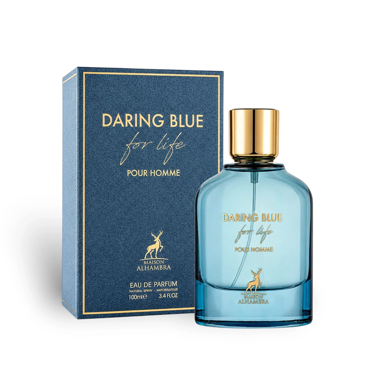 Daring Blue pour Homme perfume bottle and packaging on a white background