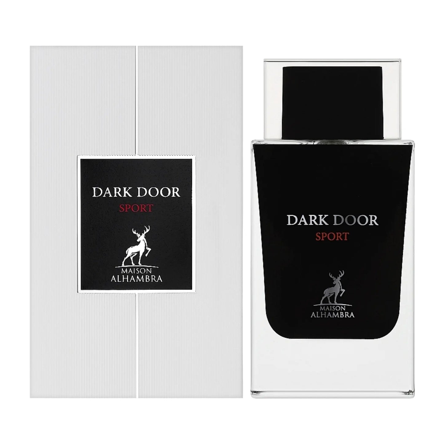 Maison Alhambra Dark Door Sport perfume bottle and packaging on a white background