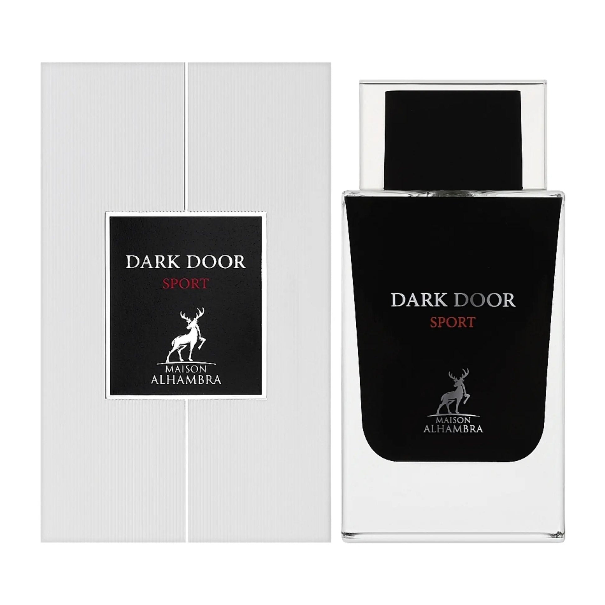 Maison Alhambra Dark Door Sport perfume bottle and packaging on a white background