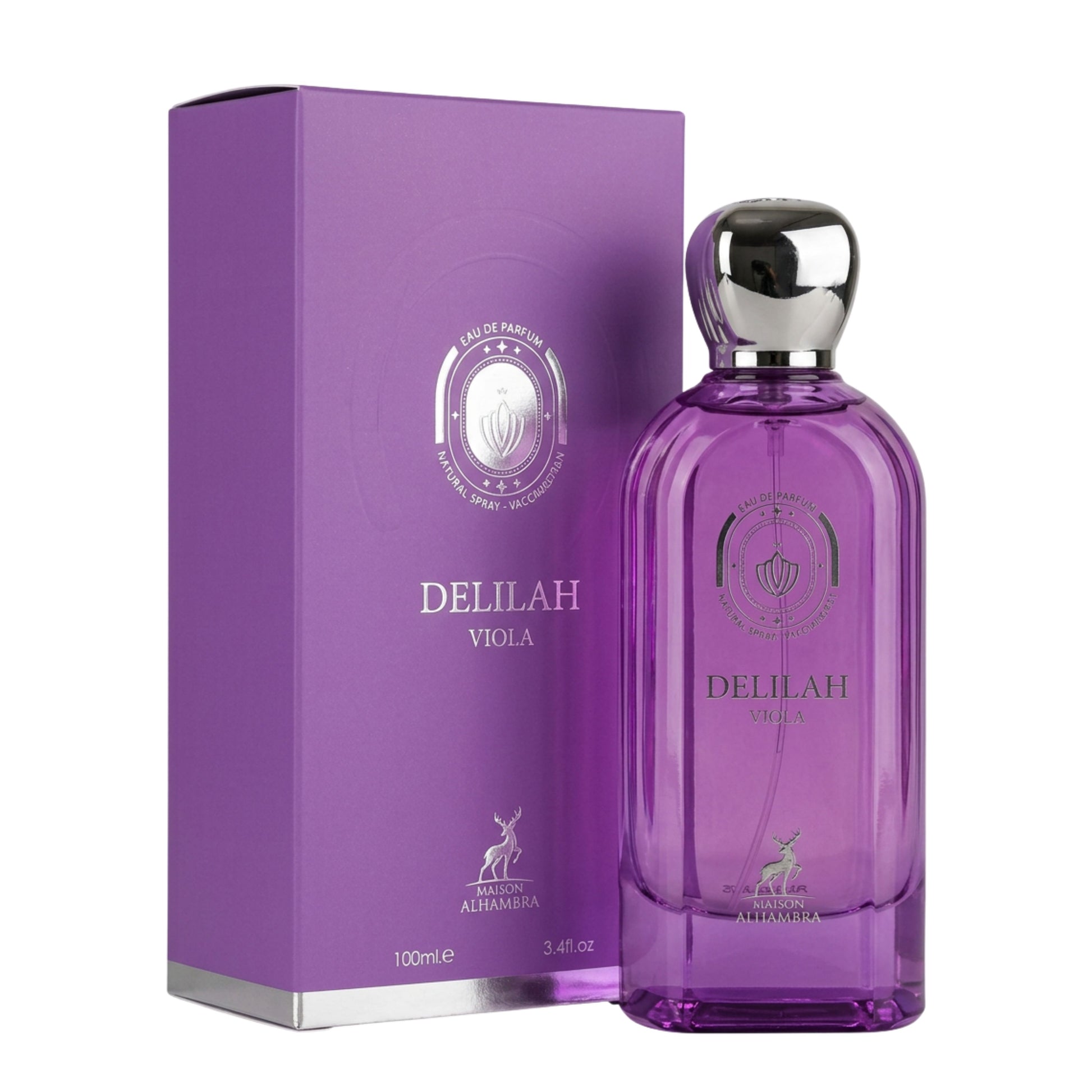 A purple Delilah Viola perfume bottle with a silver cap stands next to its matching purple box on a white background.