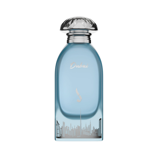 Authentic Dkhoon AlEmiratia Dubai 100ml Eau de Parfum blue bottle with silver skyline design at Beevora UK