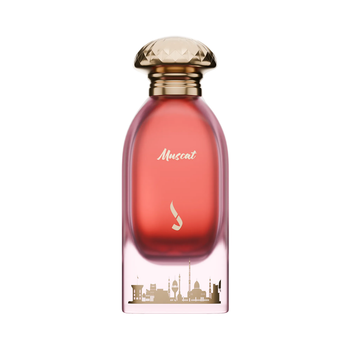 Authentic Dkhoon AlEmiratia Muscat 100ml Eau de Parfum pink-orange gradient bottle with gold skyline design at Beevora UK