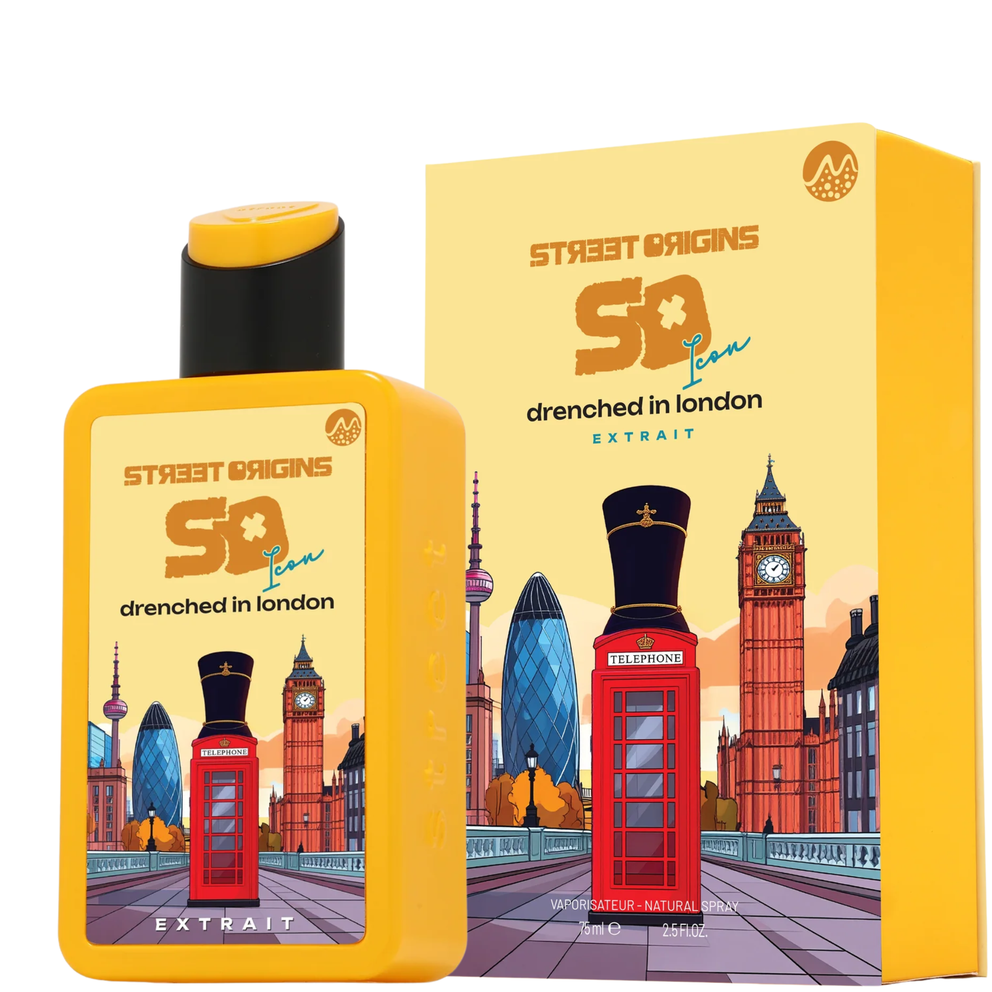 Drenched In London 75ml Extrait de Parfum by Street Origins (Fragrance World), featuring a bold yellow bottle with a black and yellow cap
