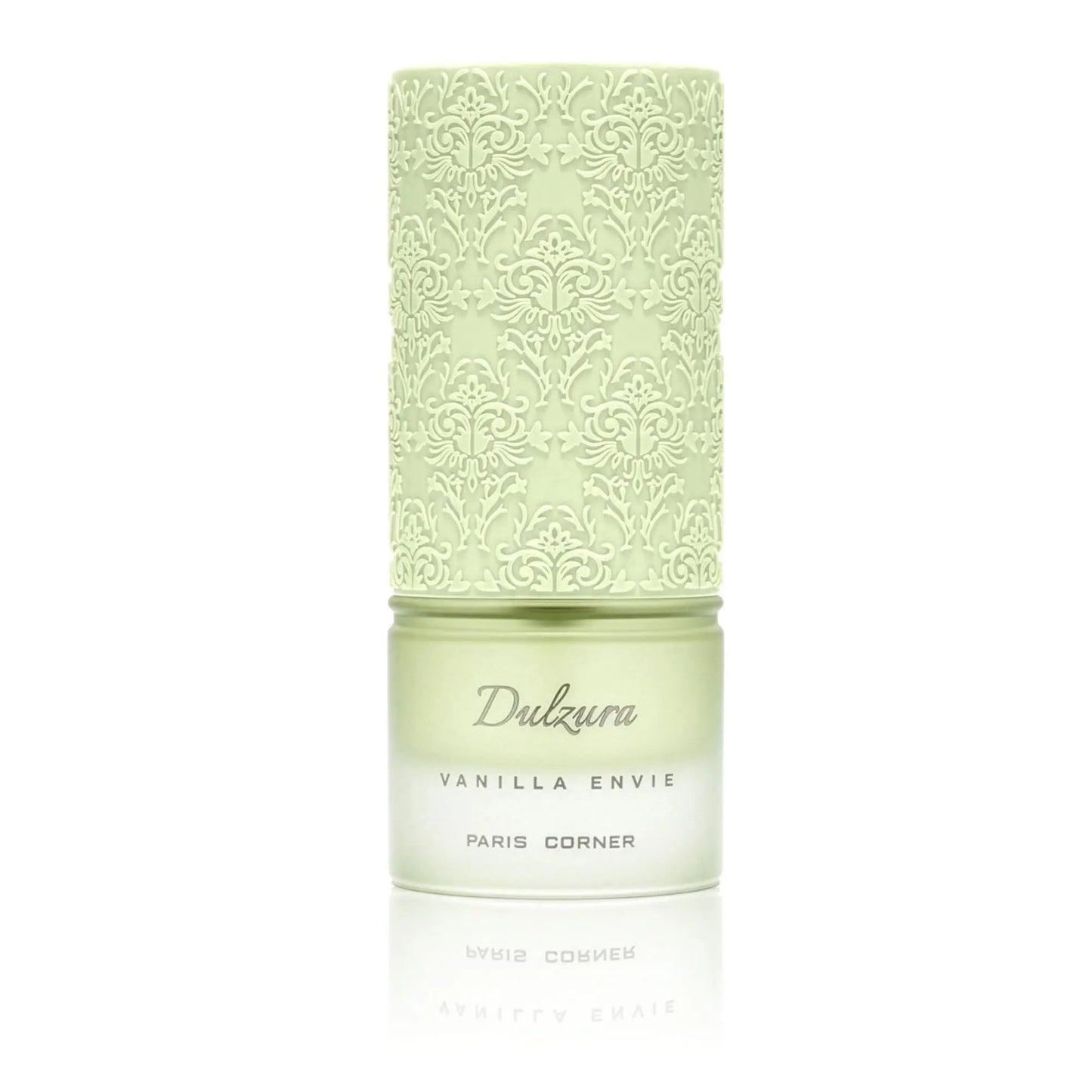 Dulzura Vanilla Envie Paris Corner perfume bottle with a pale green embossed damask pattern cap and frosted glass body, shown on a white background with a soft reflection.