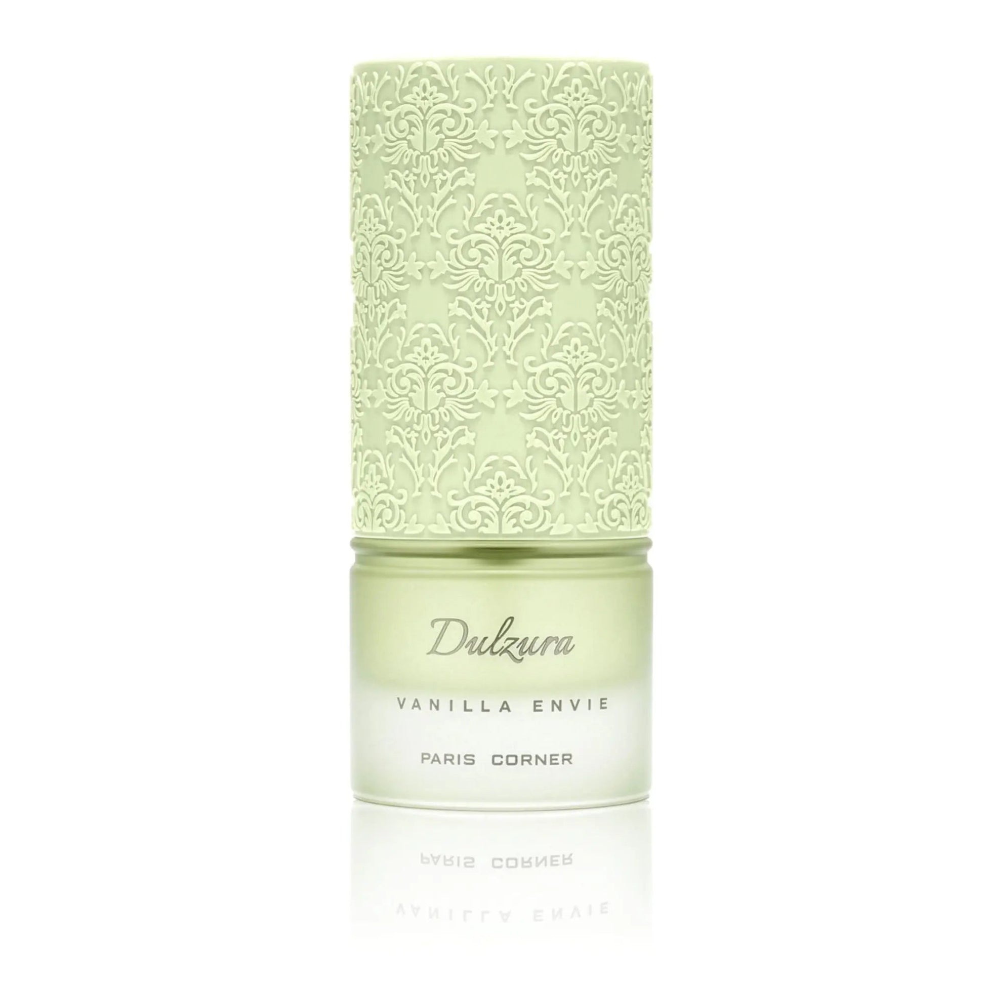 Dulzura Vanilla Envie Paris Corner perfume bottle with a pale green embossed damask pattern cap and frosted glass body, shown on a white background with a soft reflection.