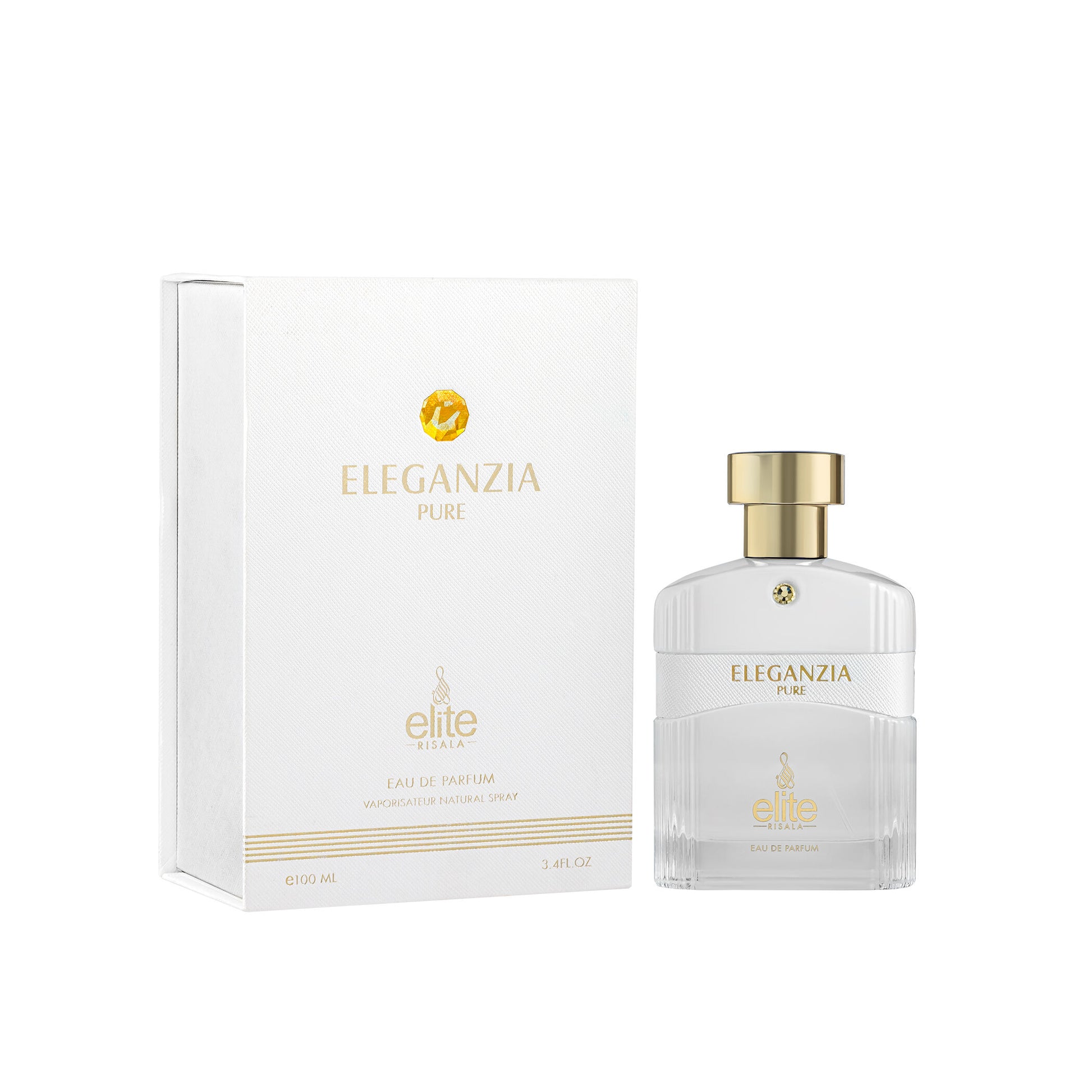 Eleganzia Pure Elite Risala eau de parfum white glass perfume bottle with gold cap and box