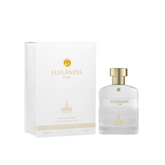 Eleganzia Pure Elite Risala eau de parfum white glass perfume bottle with gold cap and box
