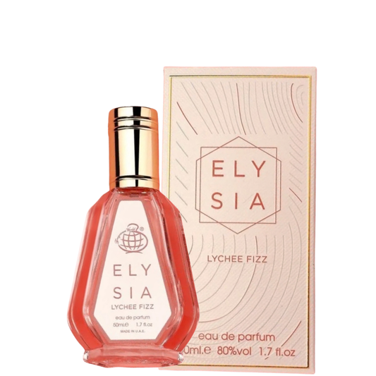 Elysia Lychee Fizz 50ml perfume by Fragrance World, featuring a coral pink glass bottle